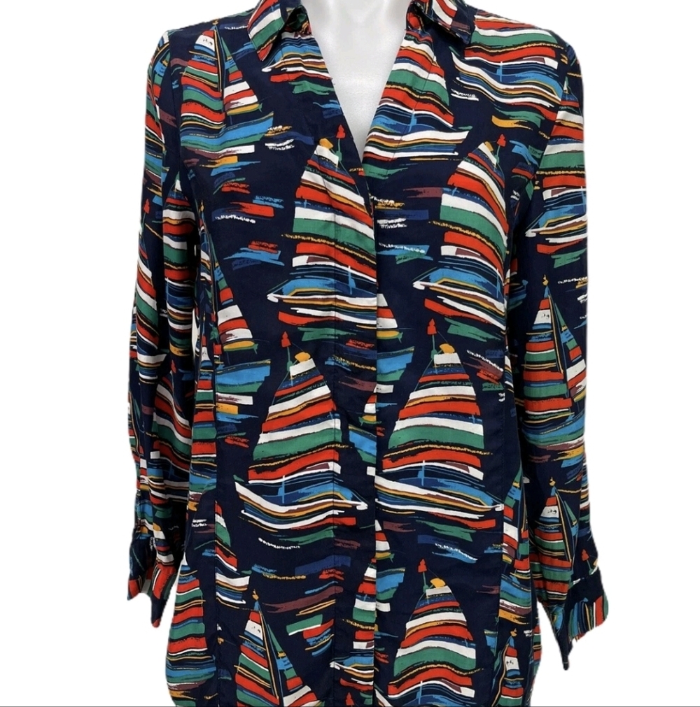 Soft Surroundings Size PM Medium Boat Print Nautical Button Up Shirt Top Blouse